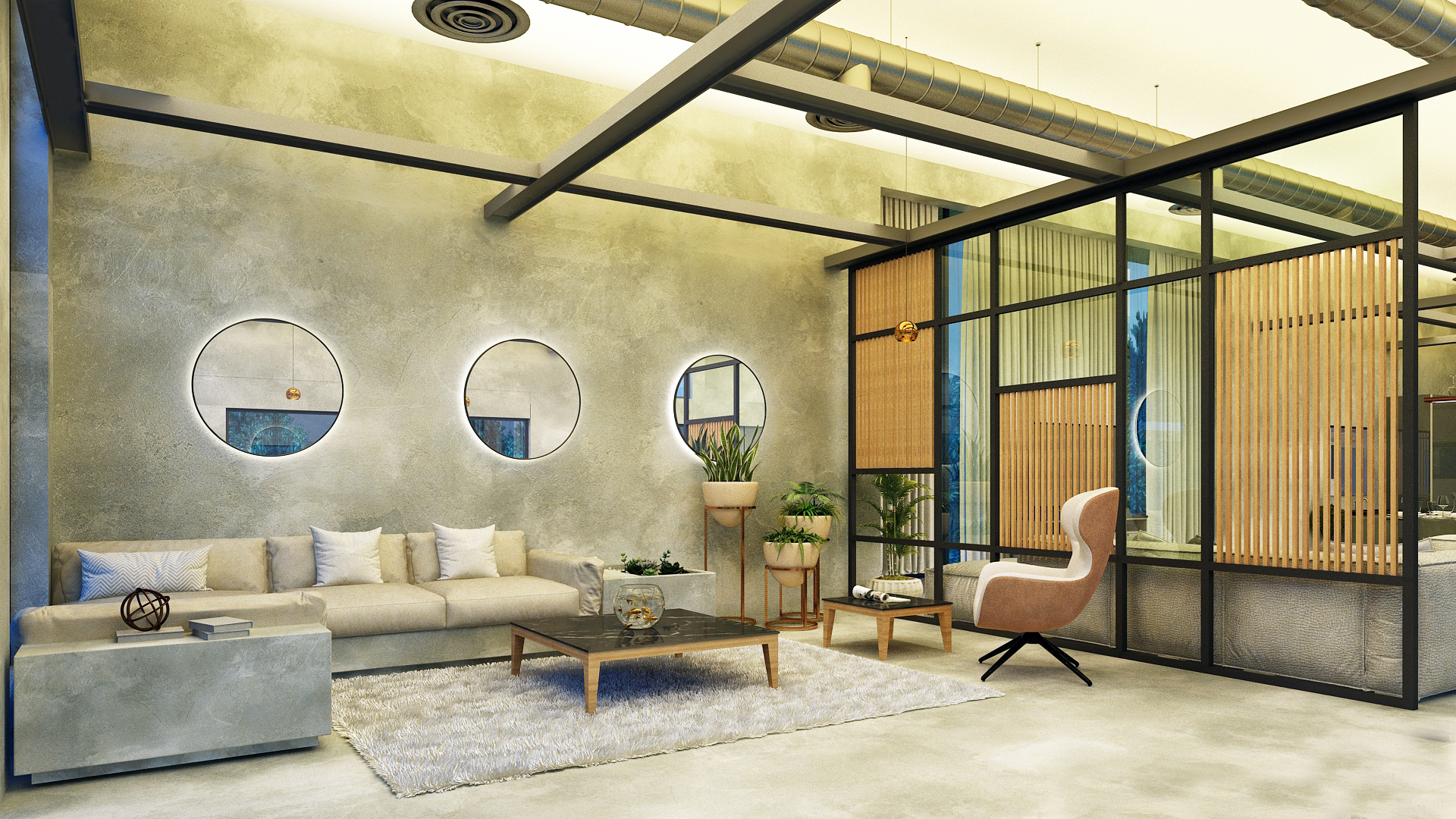 Sovnear private salon with circular mirrors and designer furnishings