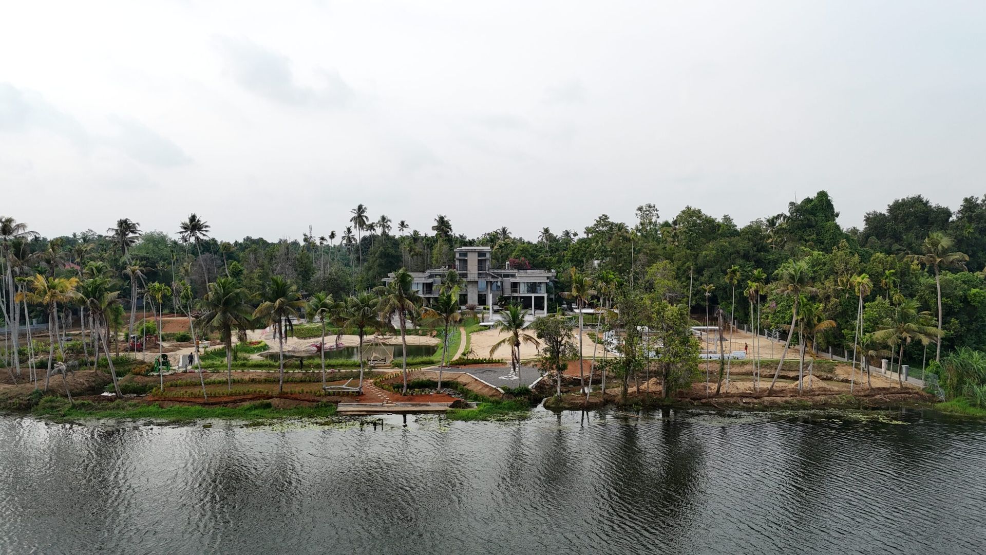 Aerial view of Sovnear estate on the Vayalkara backwaters