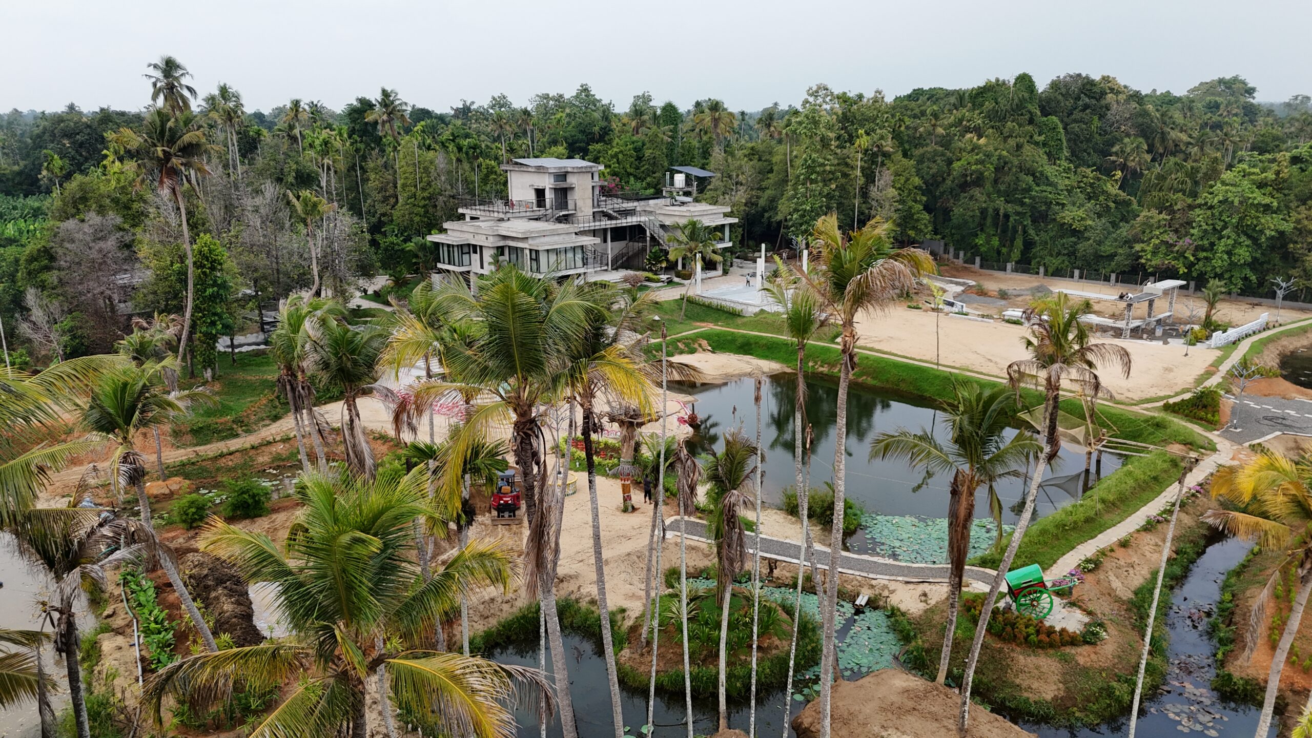 Aerial view of Sovnear estate — four acres of distinct visual environments for film productions